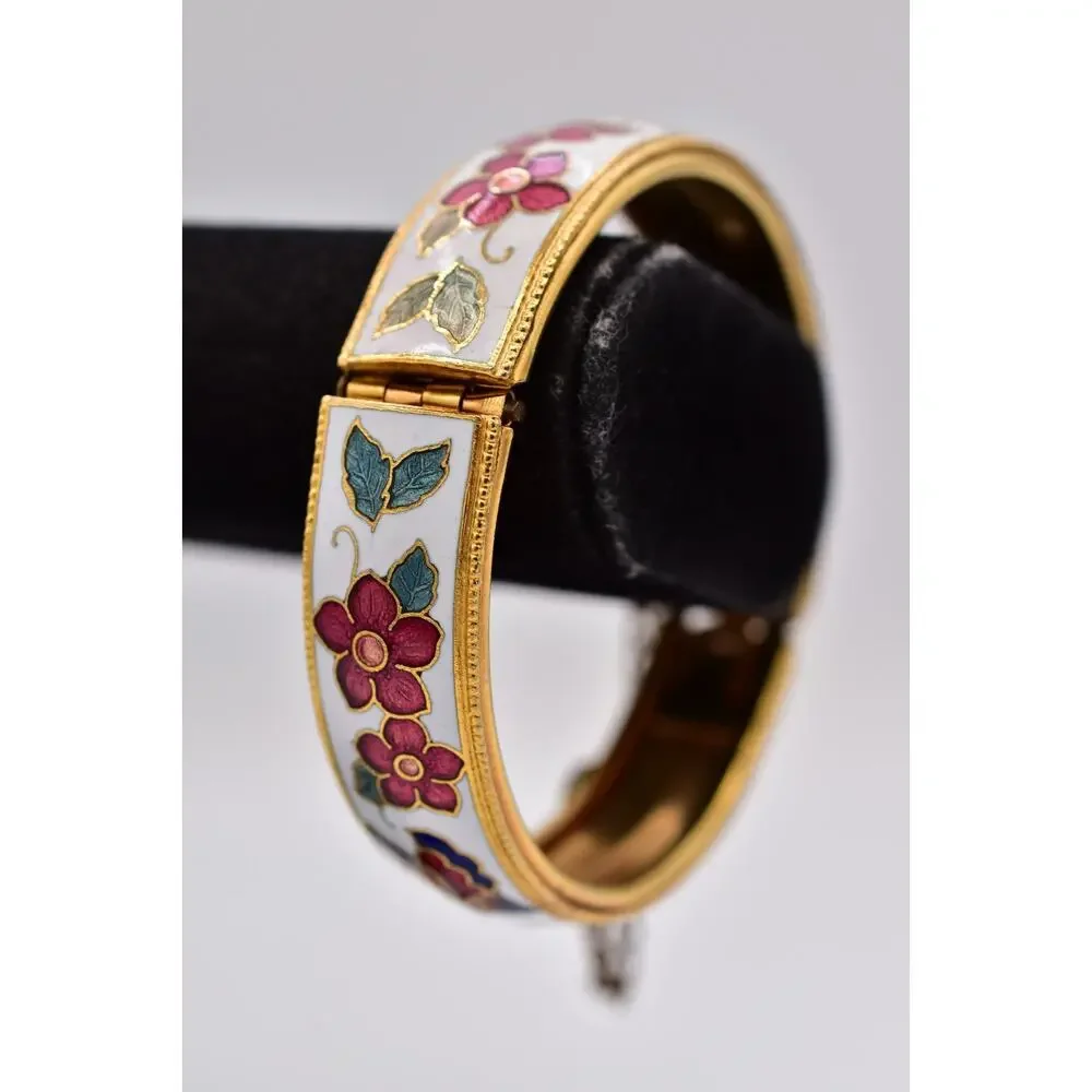 Vintage Cloisonne Enamel Floral Butterfly Gold Tone Hinged Bangle Bracelet BinBR